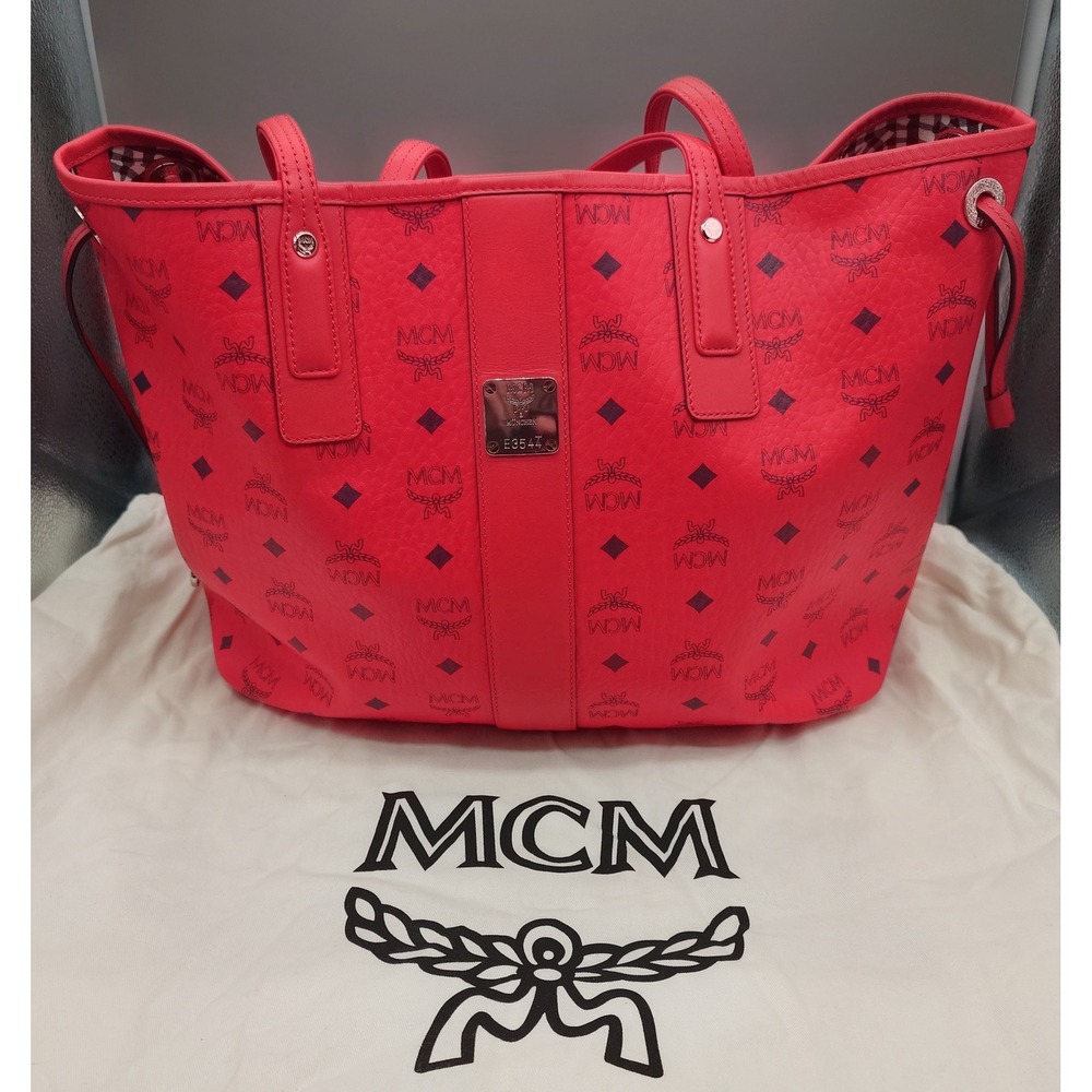 MCM Liz Reversible Shopper Tote Medium Red Visetos Gingham E3544